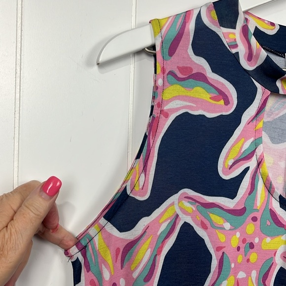 Simply Southern Mini Dress M Blue Pink Starfish Pattern Pockets Keyhole Front - Picture 4 of 12